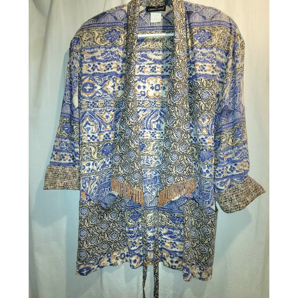 Carole Little Kimono Cardigan Boho Topper Gauze Floral Beaded USA Vintage Sz 4